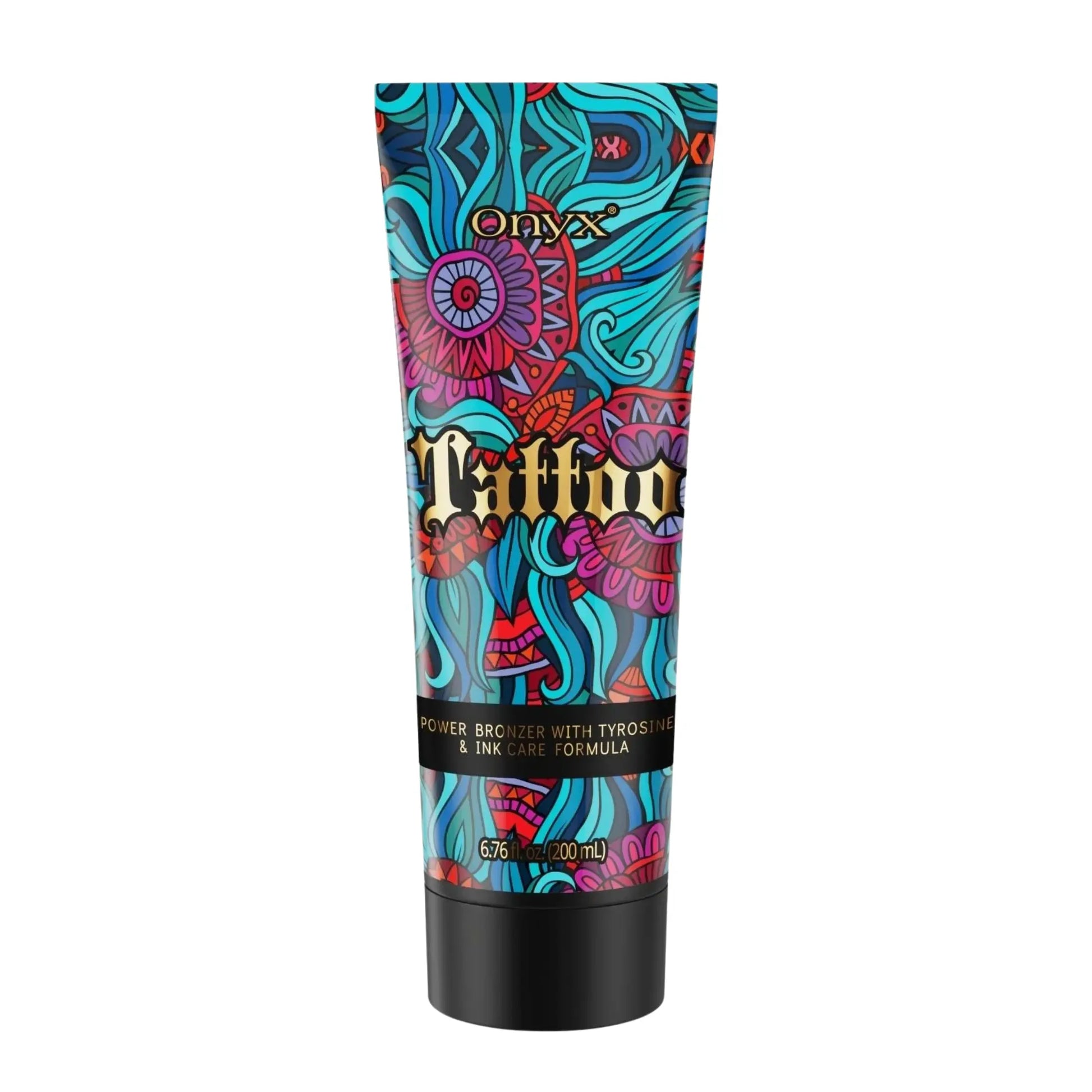 Colorful tube of Onyx Tattoo product on a white background