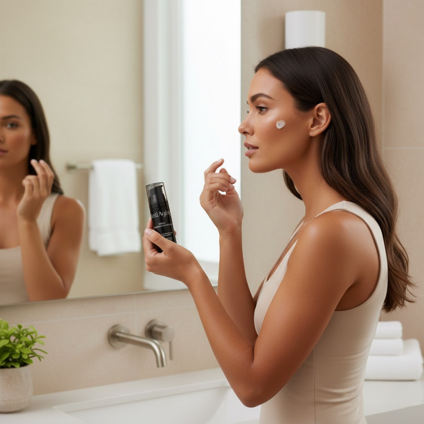 Product shot of AntiAging Facial Bronzing Intensifier in a 50 ml black pump bottle.