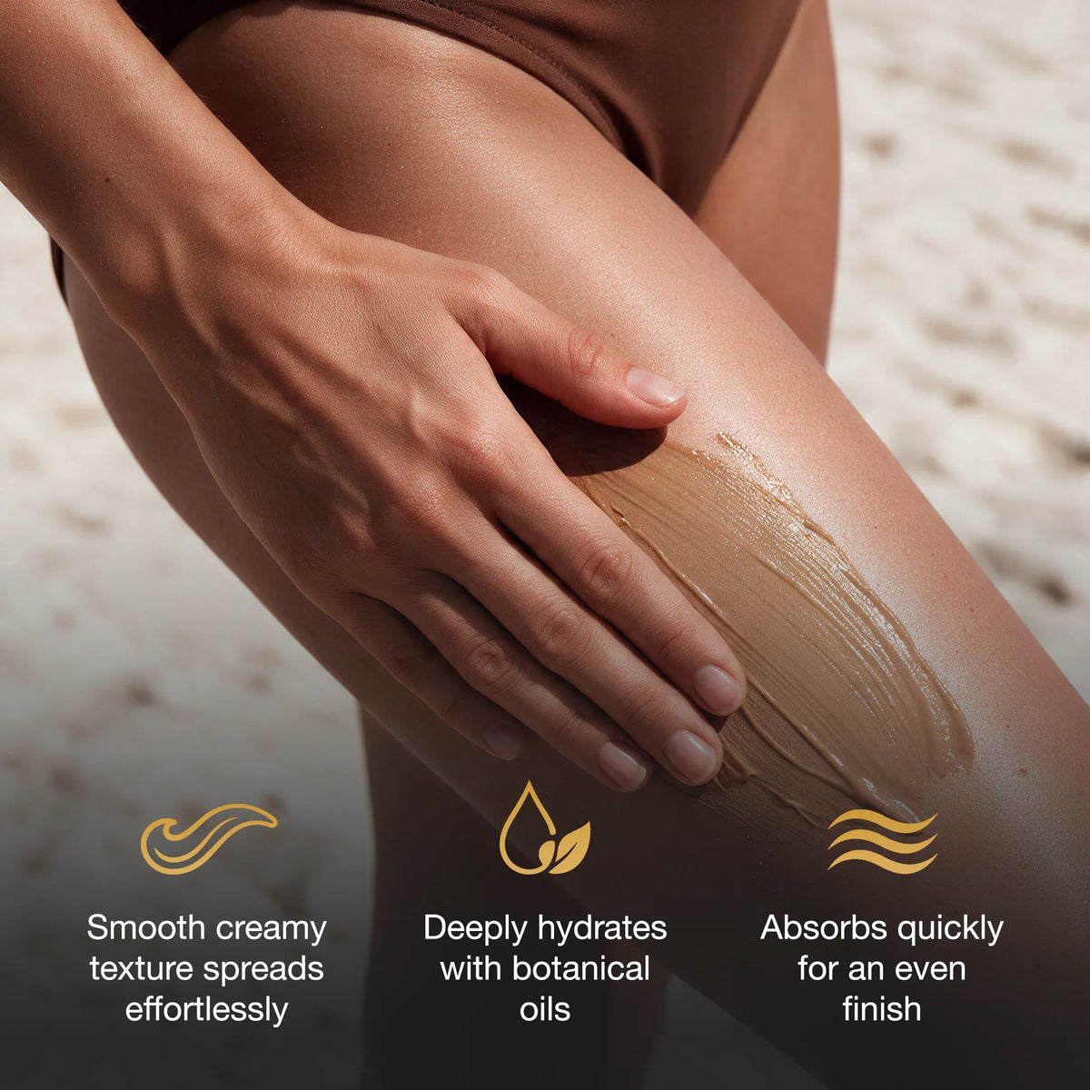Close-up of bronzing lotion being applied to a woman's leg, highlighting creamy texture, deep hydration and quick absorption.