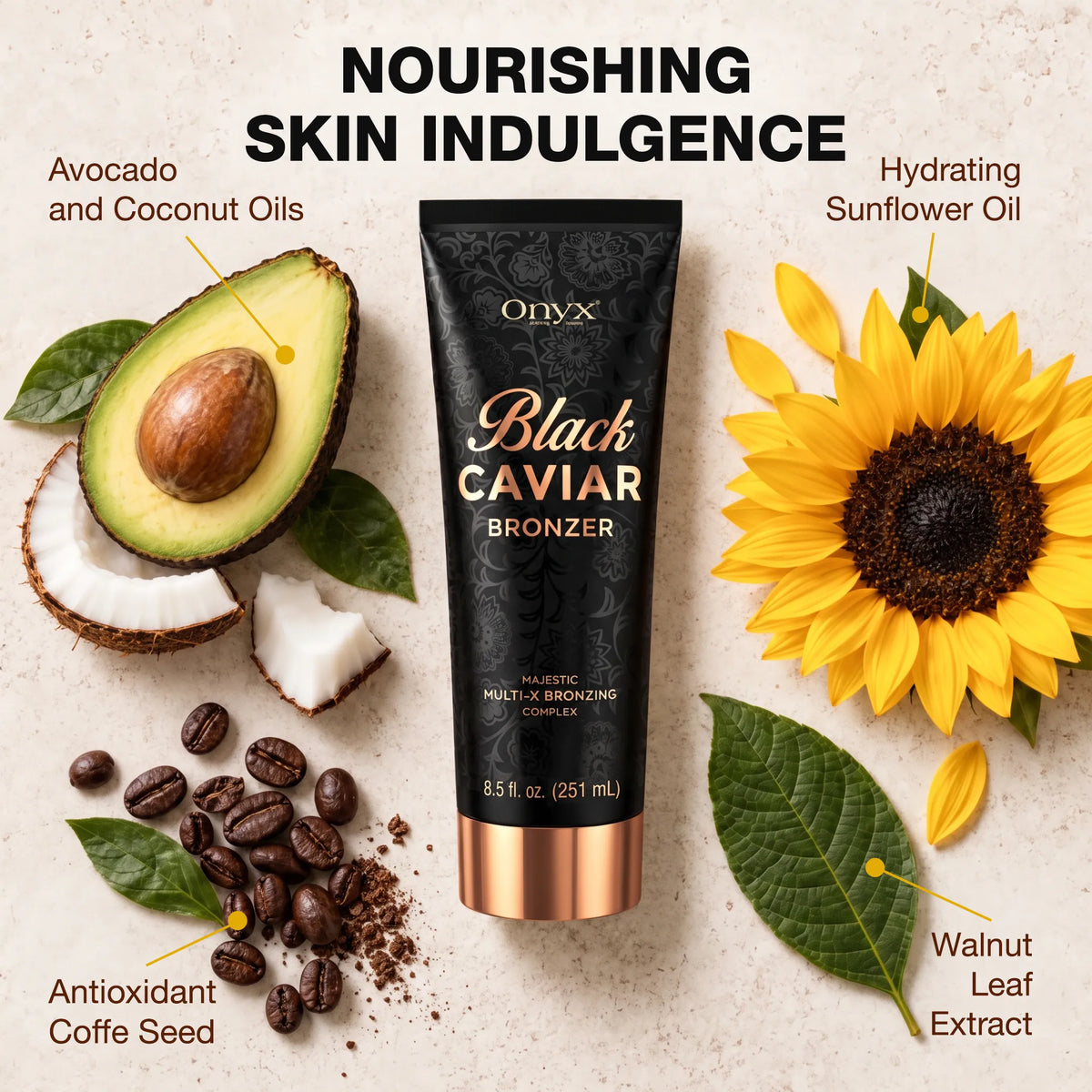 Onyx Black Caviar Bronzer surrounded by avocado, coconut, sunflower and coffee seeds, highlighting nourishing oils and botanical ingredients.
