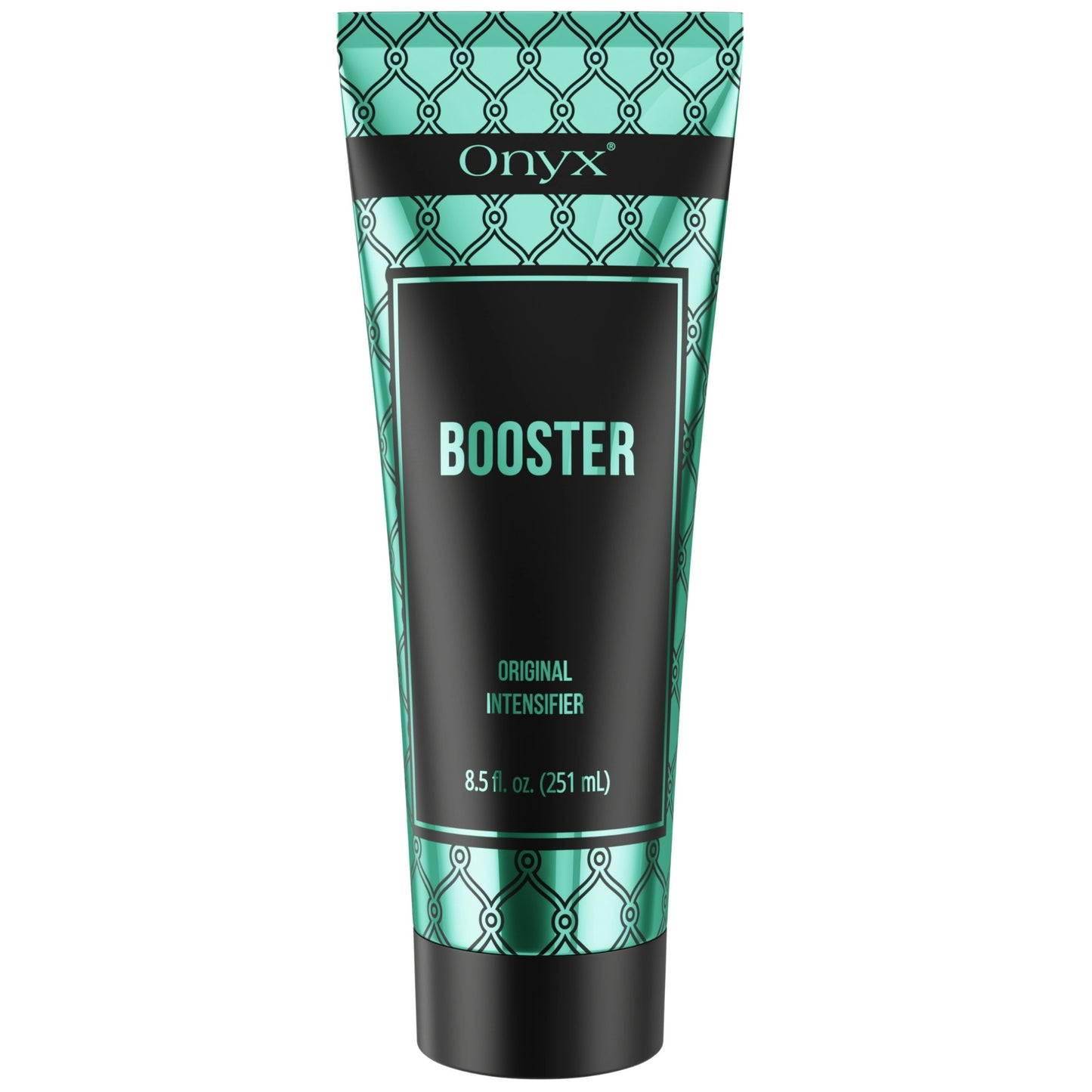 Onyx Booster tanning accelerator lotion in a sleek black and teal tube, designed for impatient tanners seeking an ultra-dark tan.