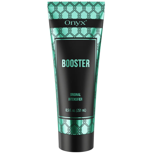 Onyx Booster tanning accelerator lotion in a sleek black and teal tube, designed for impatient tanners seeking an ultra-dark tan.