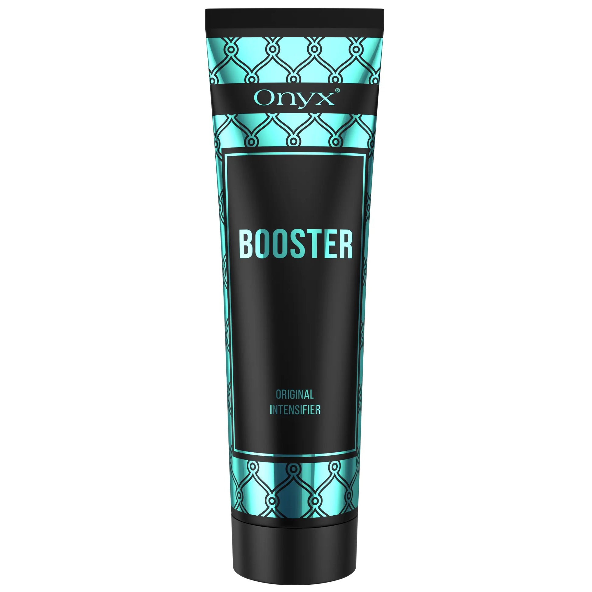 Onyx Booster tanning accelerator in a black and teal tube with geometric design and the word “Booster” in turquoise letters, displayed on a white background