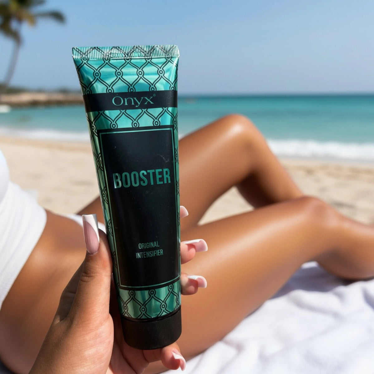 Close-up of tanning accelerator lotion on sun-kissed legs at the beach