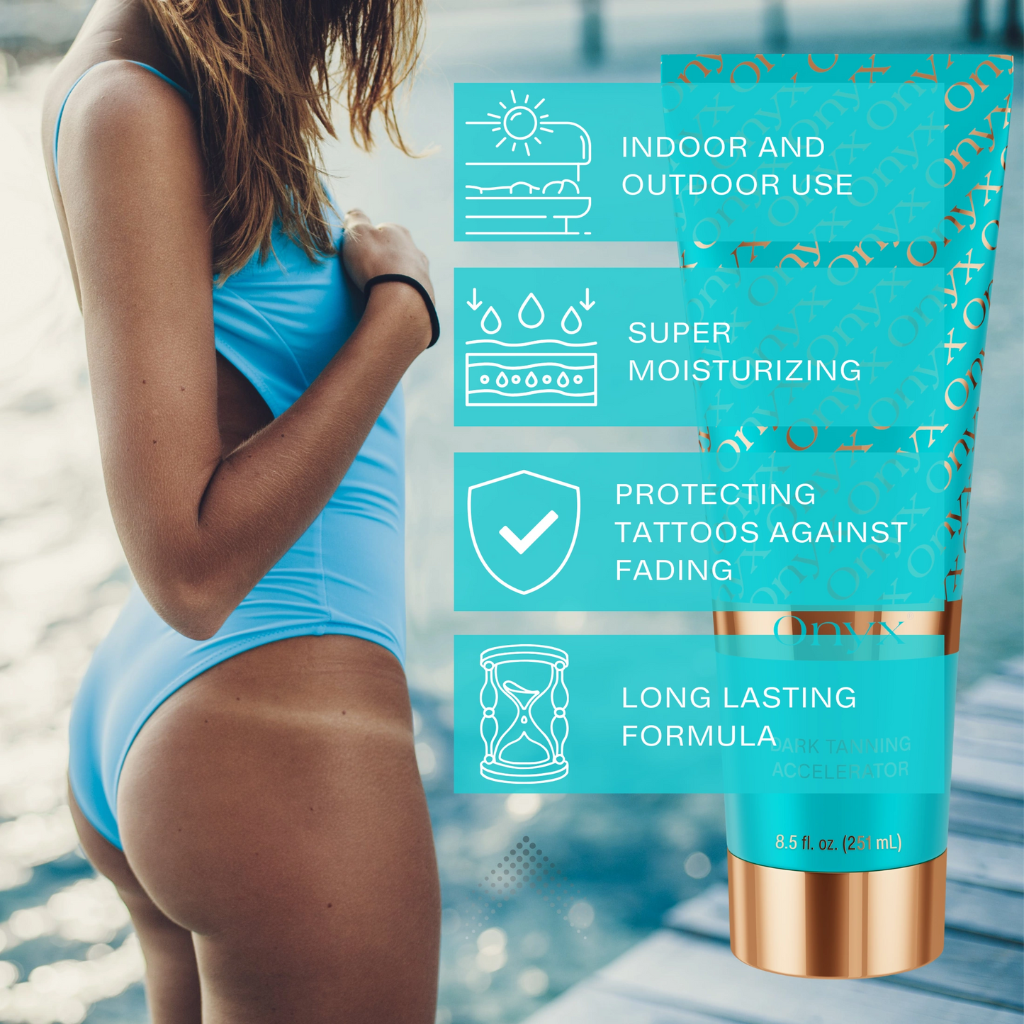 Onyx Dark Tanning Accelerator placed near bronzed skin, formulated for sunbed and indoor tanning