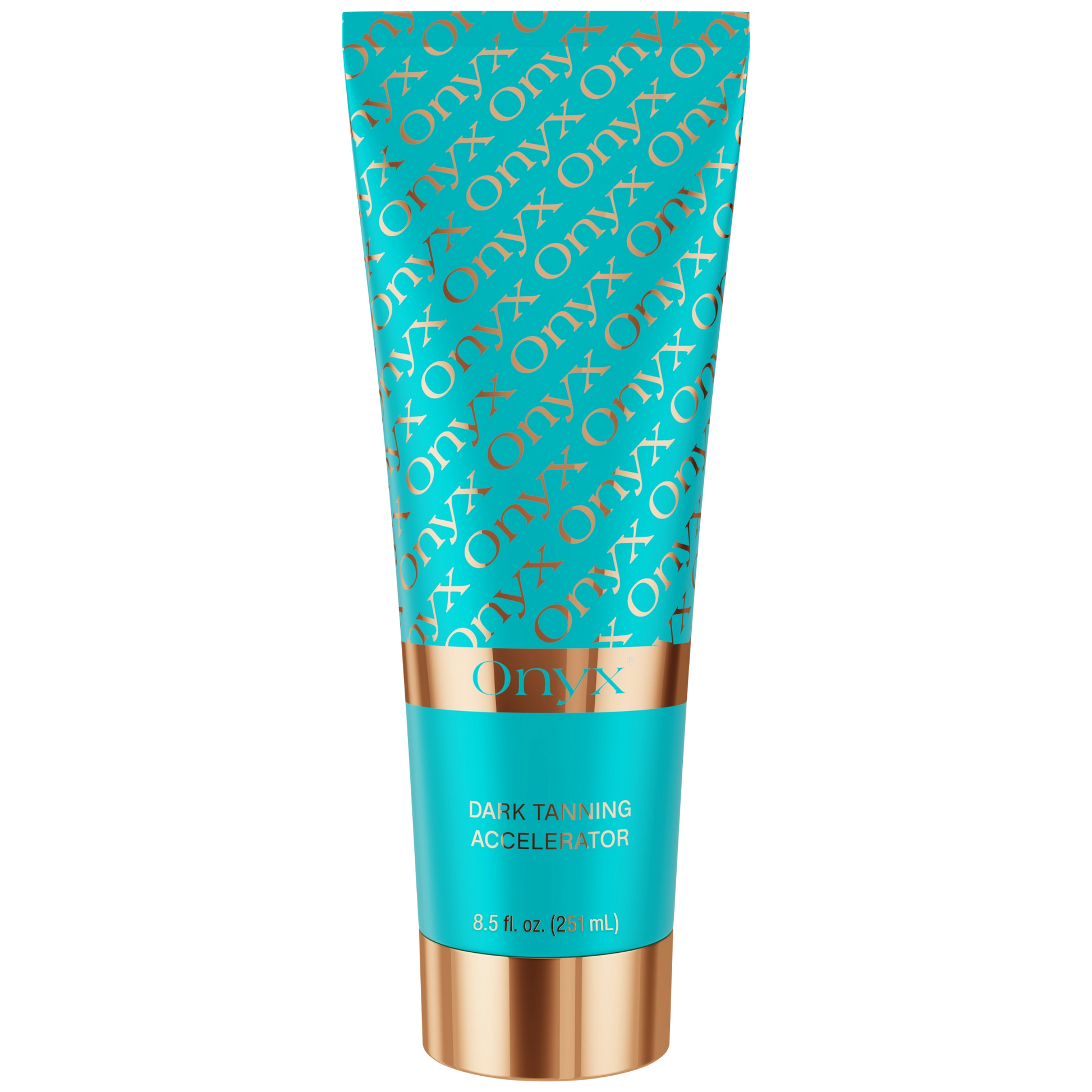Onyx Dark Tanning Accelerator lotion with a sleek turquoise design and gold accents, formulated for deep tanning results.