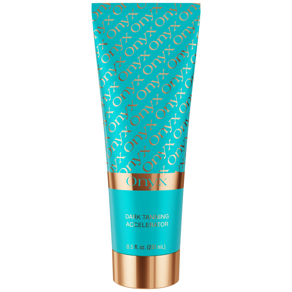 Front view of an Onyx Dark Tanning Accelerator lotion tube in turquoise and gold packaging on a white background.