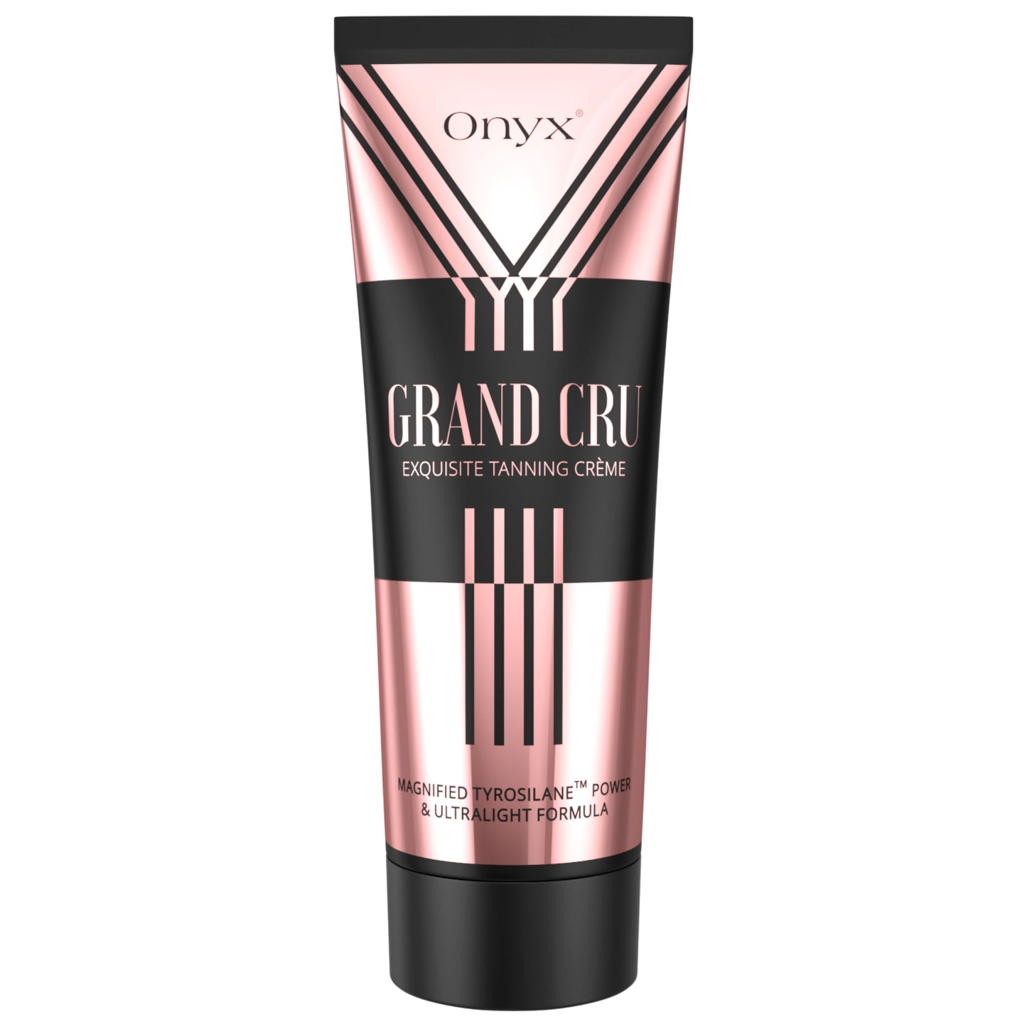 Onyx Grand Cru Tanning Accelerator - premium tanning lotion in a sleek black and rose gold tube.