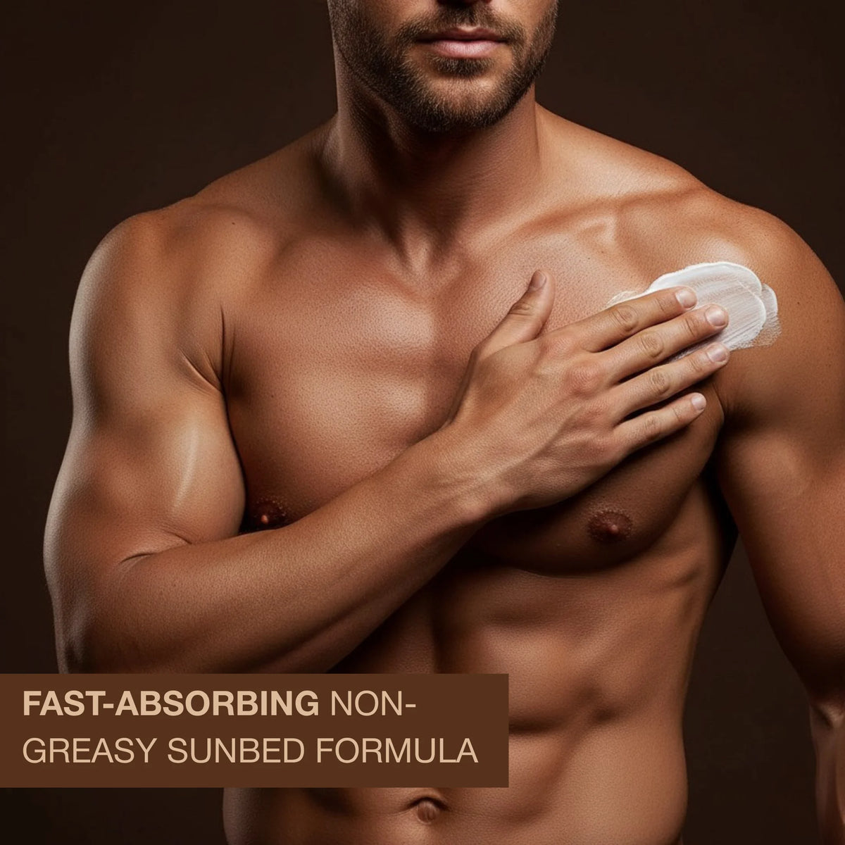 Man applying lotion to his shoulder with text about a fast-absorbing non-greasy sunbed formula