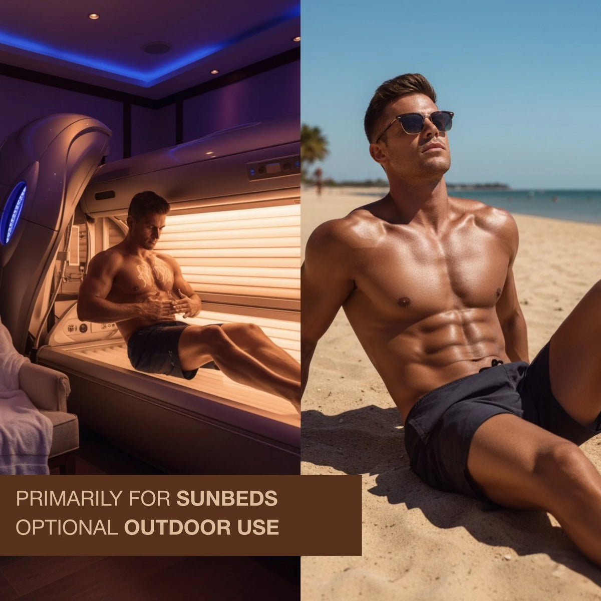 Split image showing a man in a tanning bed and a man relaxing on the beach with text about sunbeds and optional outdoor use