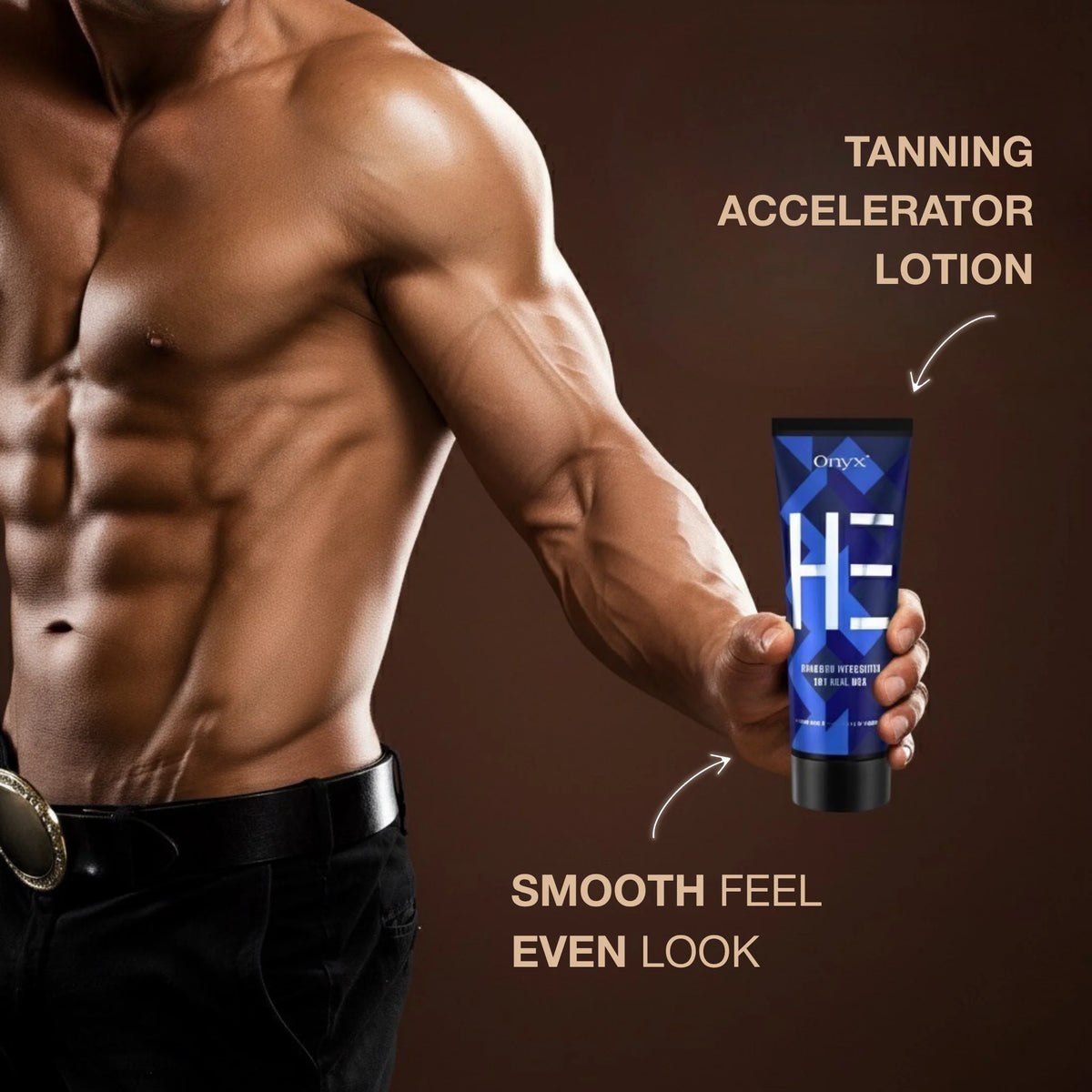Muscular man holding Onyx HE tanning lotion with text highlighting tanning accelerator lotion and smooth even look