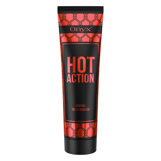Onyx Hot Action Tingle Bronzer in its signature black and red packaging, designed for intense indoor tanning.