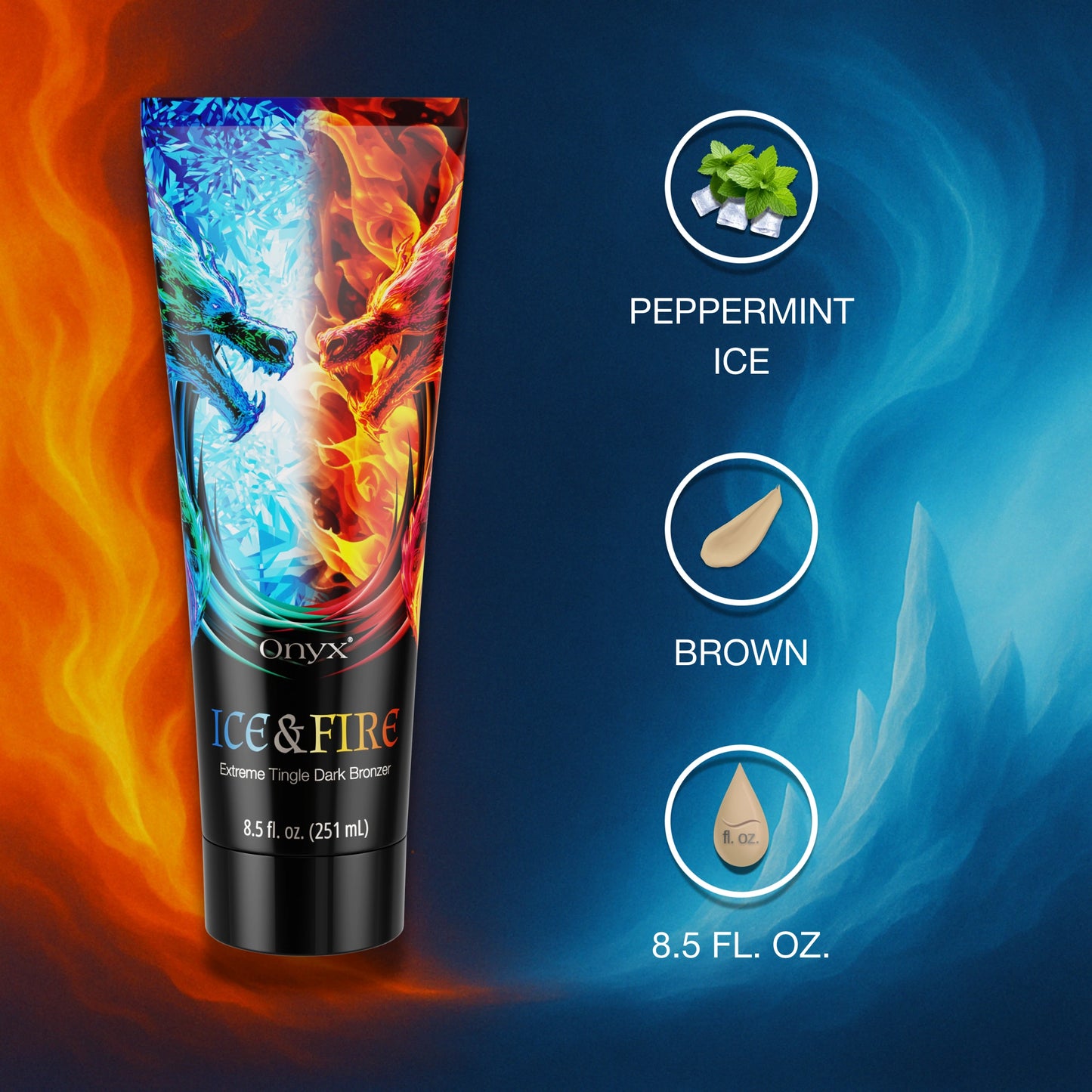 Woman holding Onyx Ice & Fire lotion in cave with red and blue lighting, showing message “tingle that boosts circulation