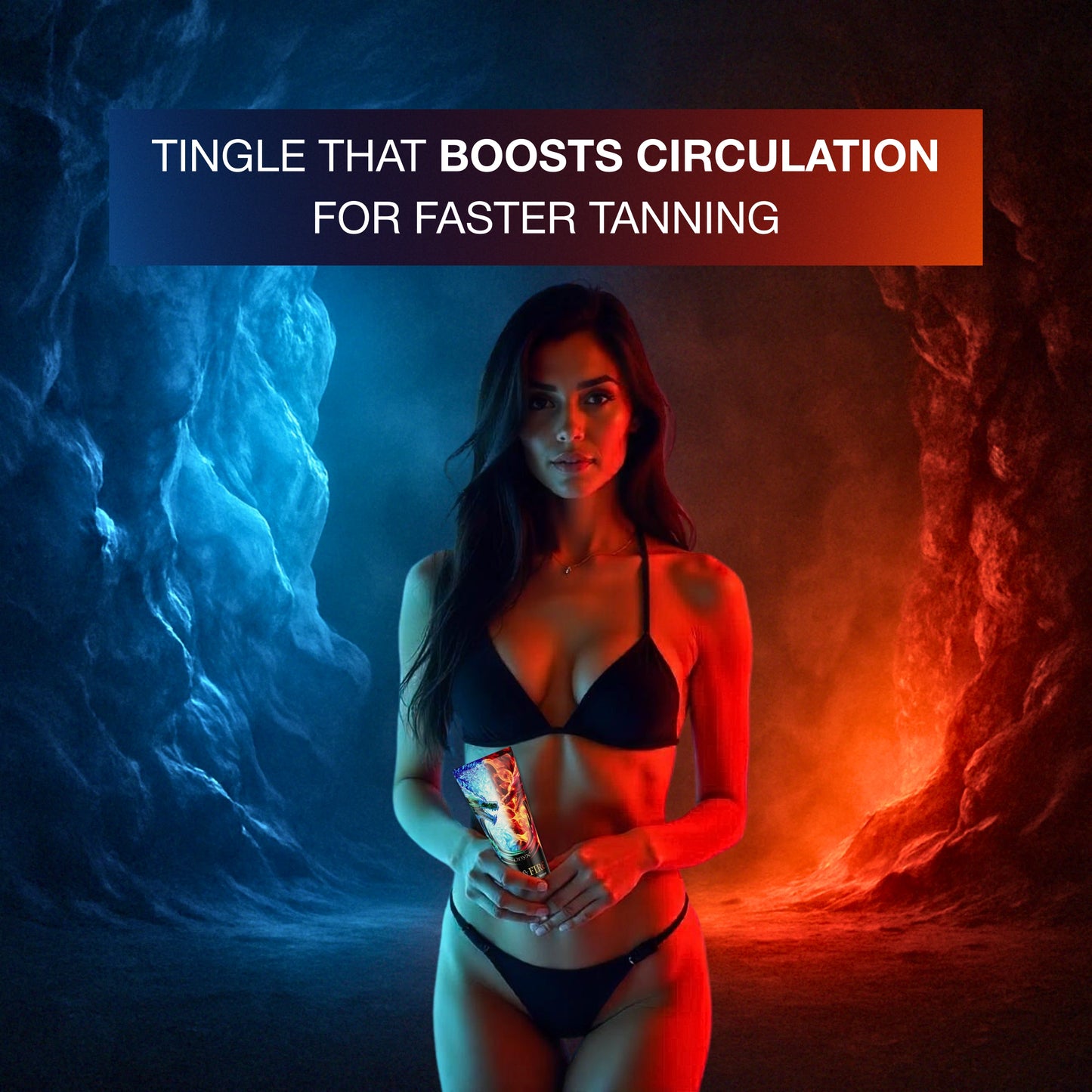 Onyx Ice & Fire bronzer standing on glossy surface with shelf background and text “Feel the extremes – dare to tan