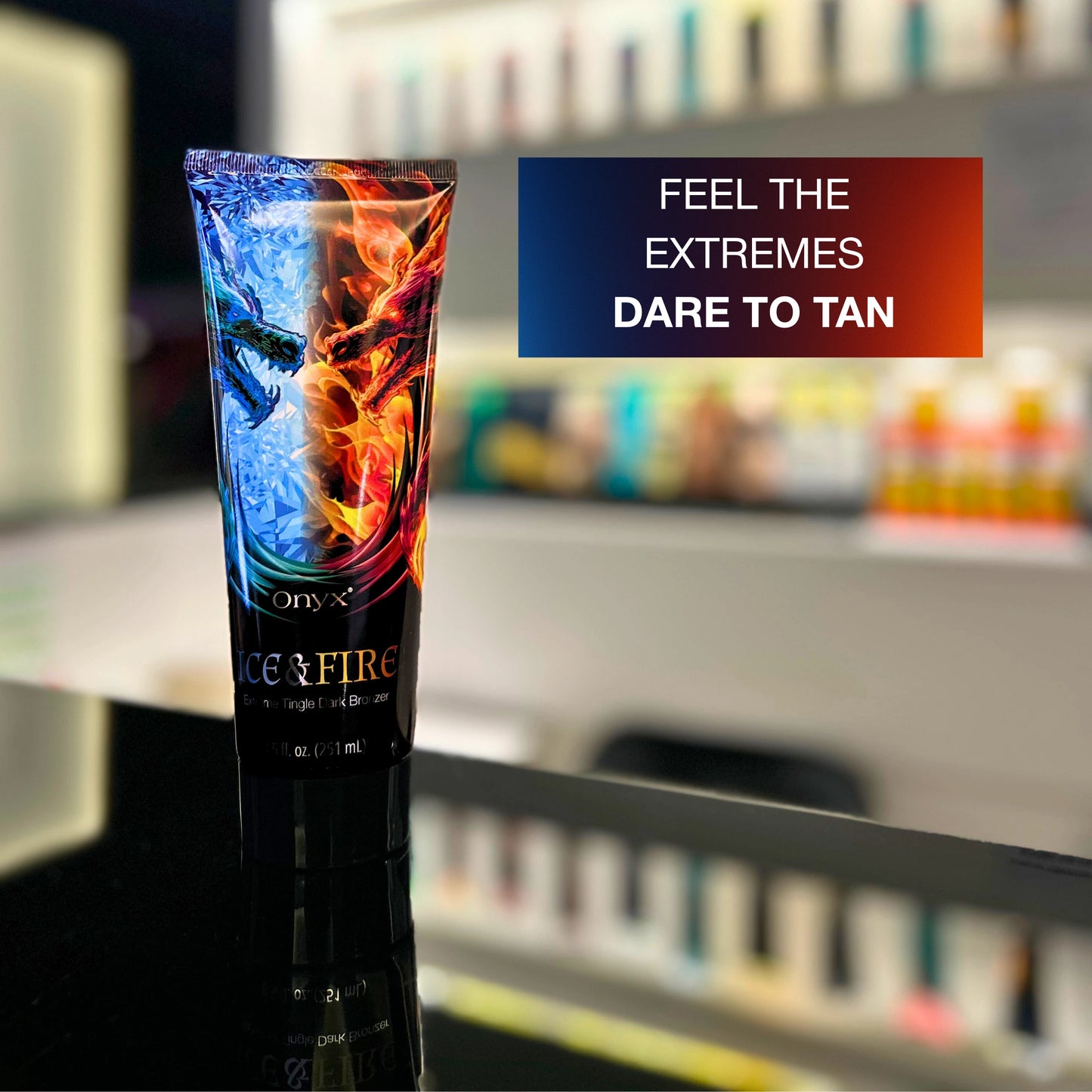 Onyx Ice & Fire tanning lotion product next to text listing features: extreme tingle effect, DHA color amplifier, color boost, spicy fresh fragrance