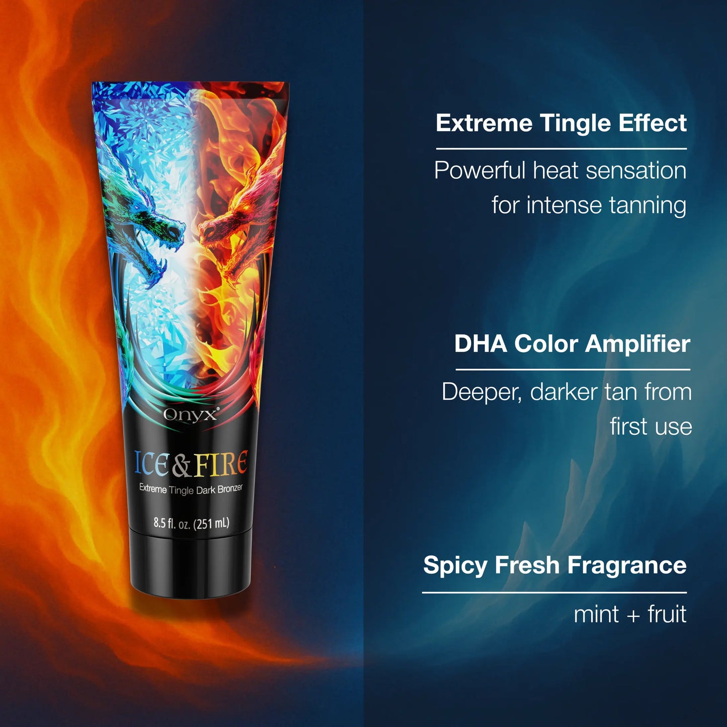 Close-up of Onyx Ice & Fire tanning lotion used in a tanning bed with blue glowing lights and visible tattoo