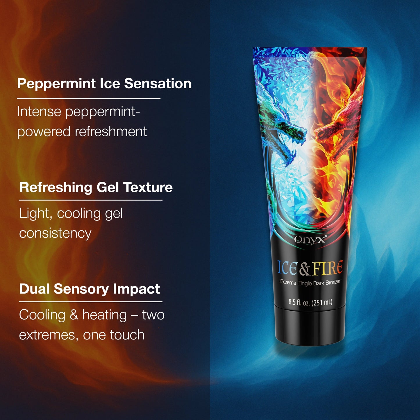 Onyx Ice & Fire tanning lotion with peppermint ice icon, brown lotion texture sample, and product size labeled 8.5 fl oz