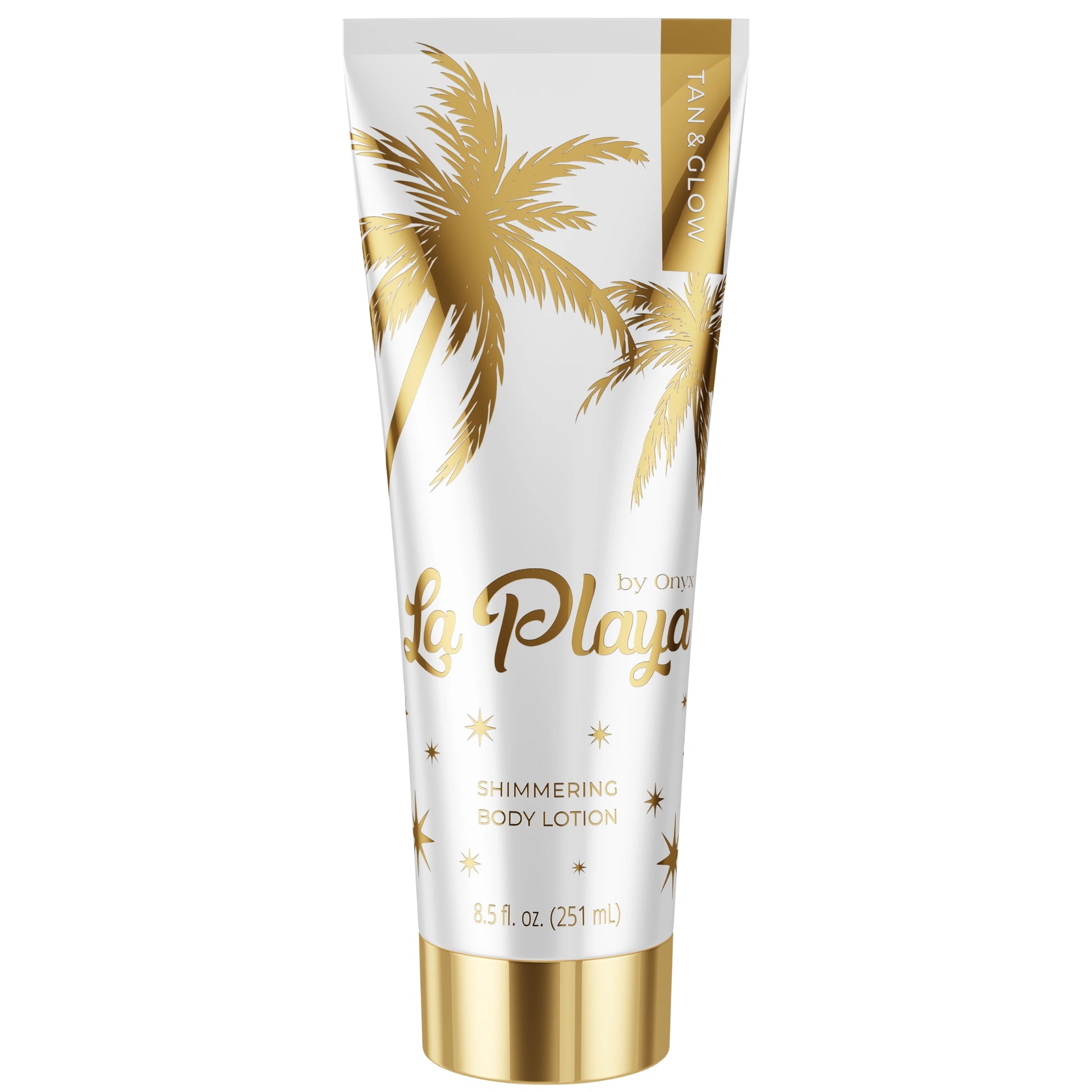 Onyx La Playa Shimmering Body Lotion in a luxurious gold and white tube, designed for after-sun skin nourishment.