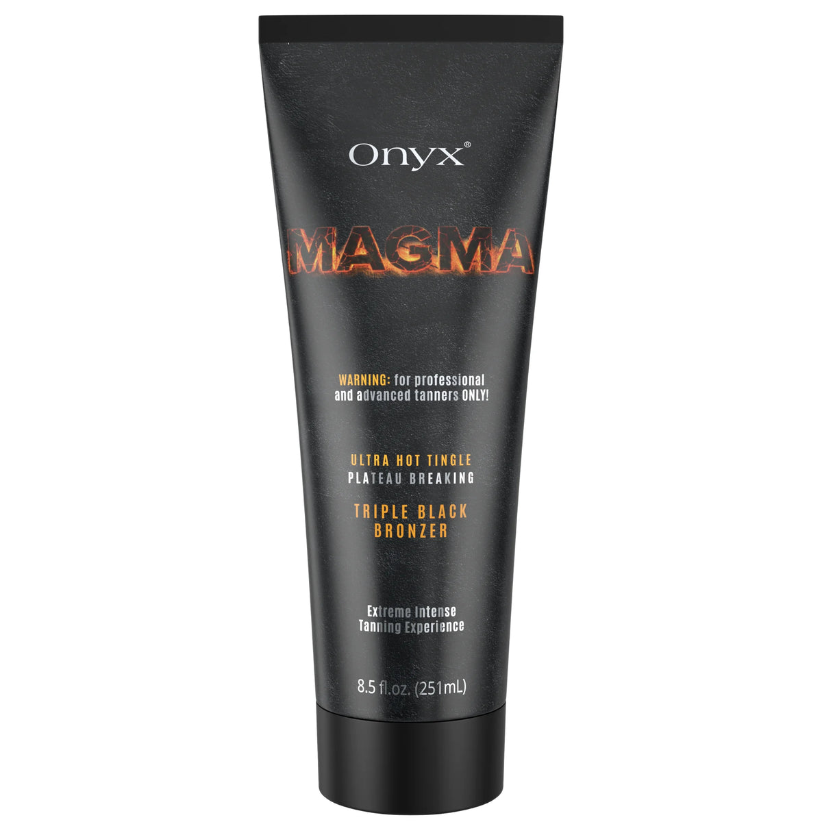 Onyx Magma tanning lotion packshot on white background with black tube and triple black bronzer formula.