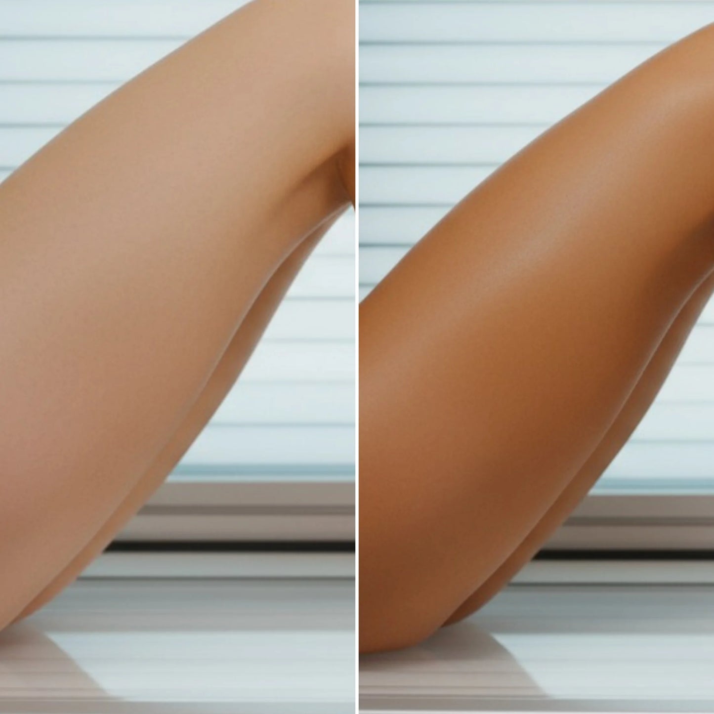 Side-by-side comparison of skin before and after tanning, showing visible difference in tone and bronzed effect.