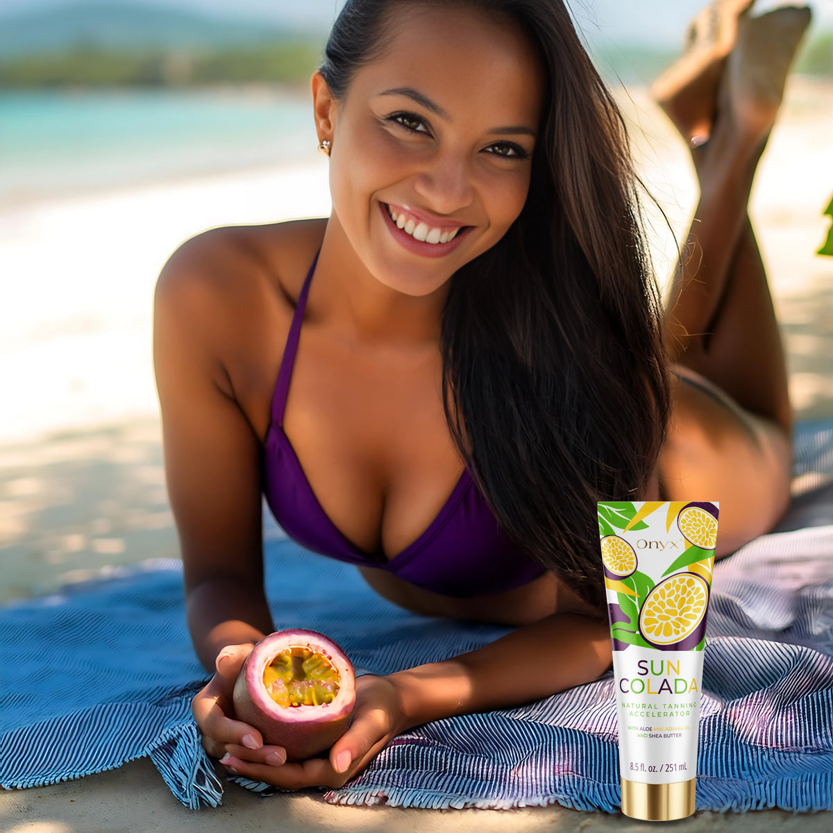 Smiling woman at beach with Onyx Suncolada tanning accelerator and passion fruit, enriched with macadamia oil and shea butter for natural sunbed and outdoor tan