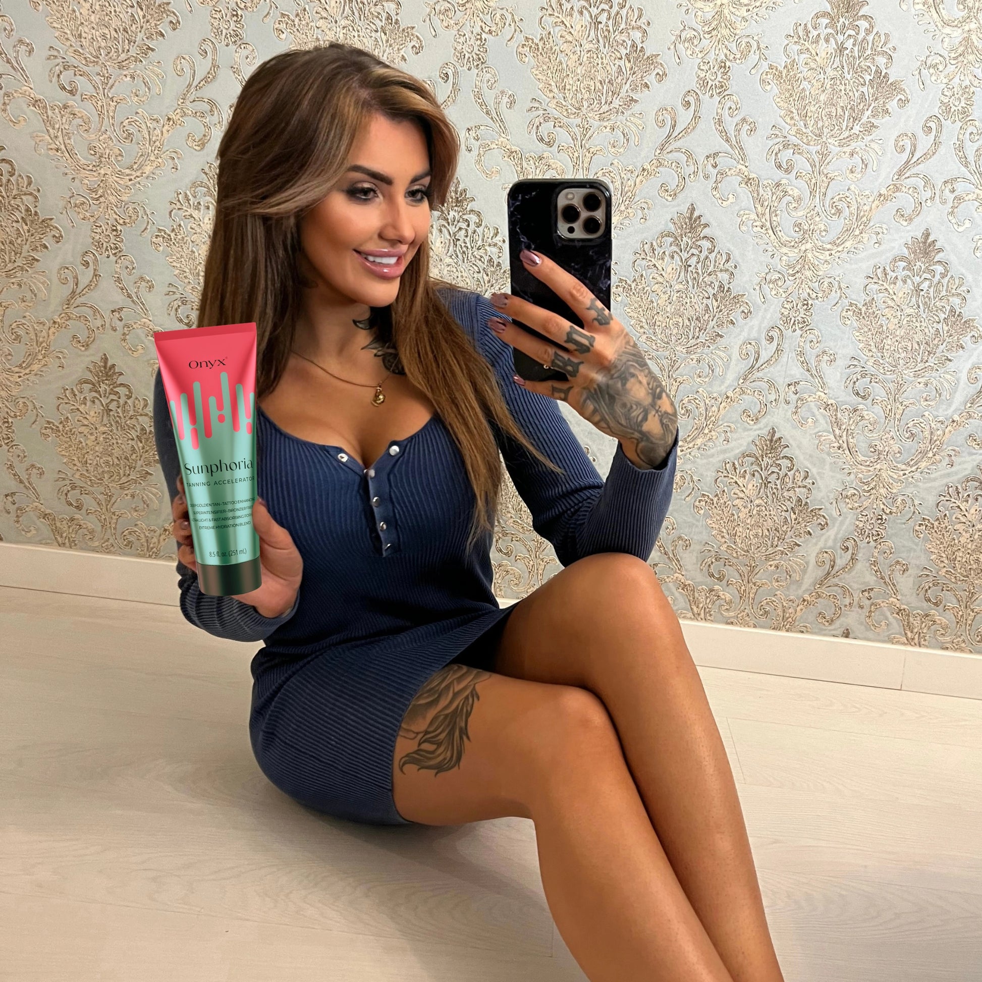 Woman showing off her tanned legs after using Onyx Sunphoria.