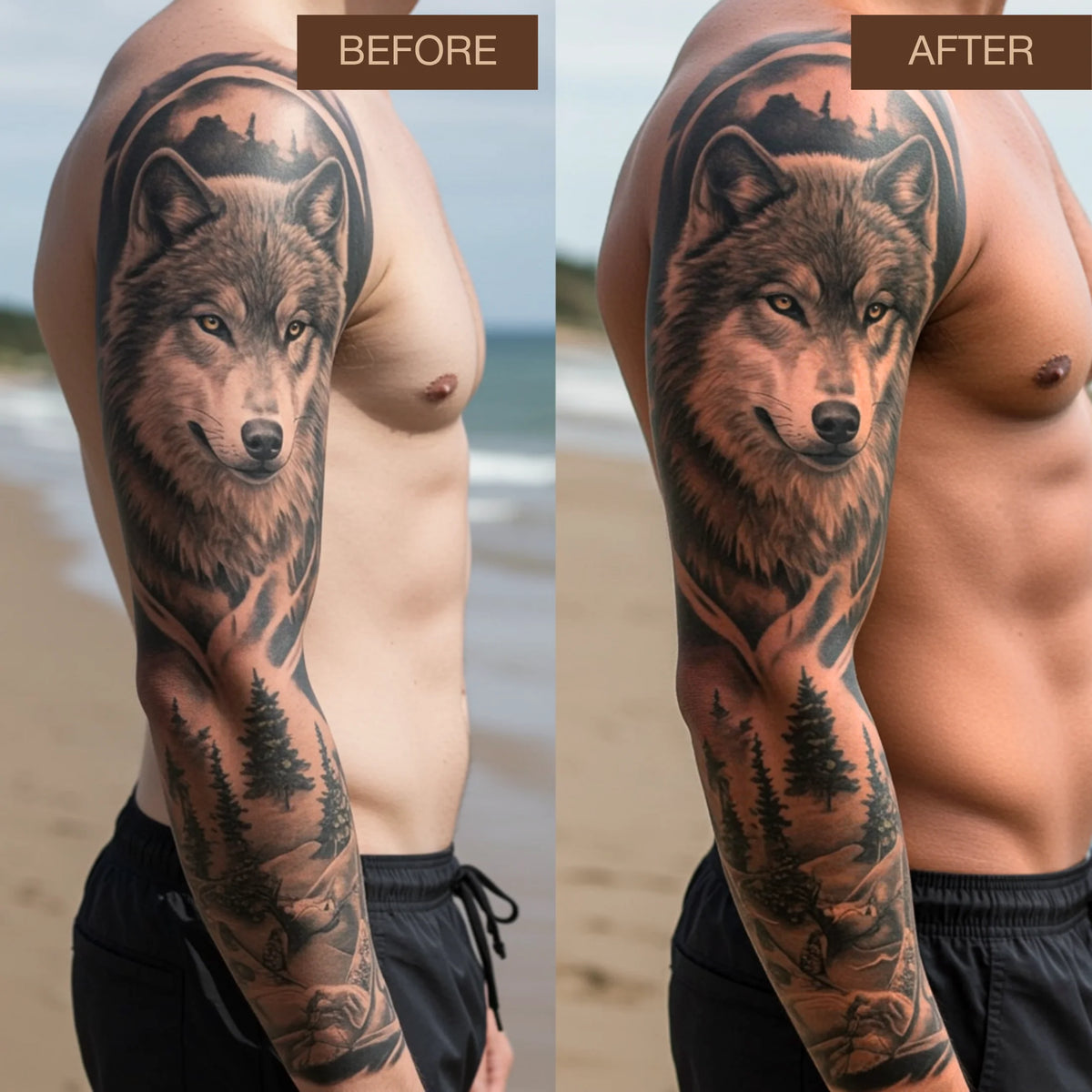 Before and after comparison showing tattoo appearance after using Onyx Tattoo tanning lotion