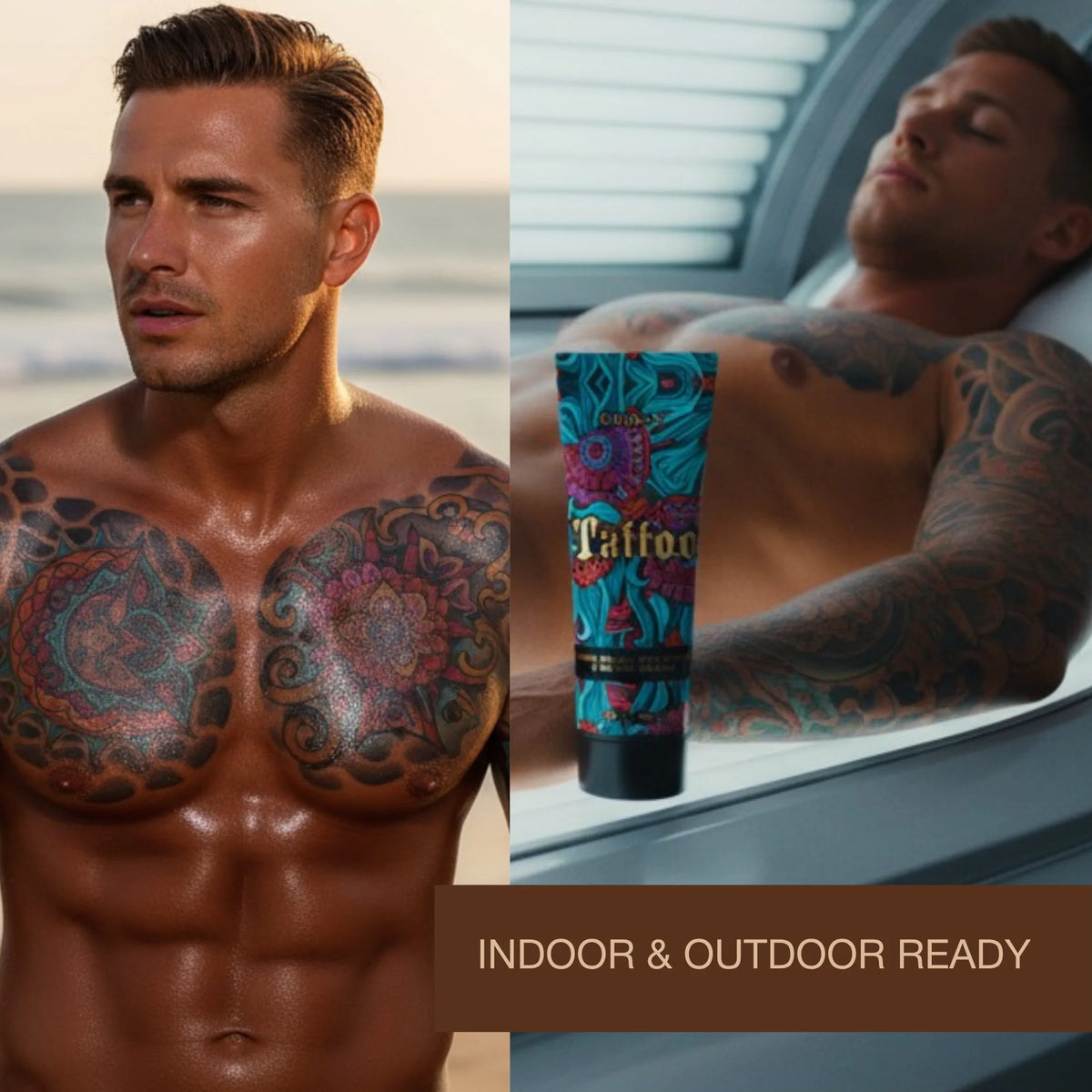 Split image showing a tattooed man outdoors and in a tanning bed with Onyx Tattoo tanning lotion