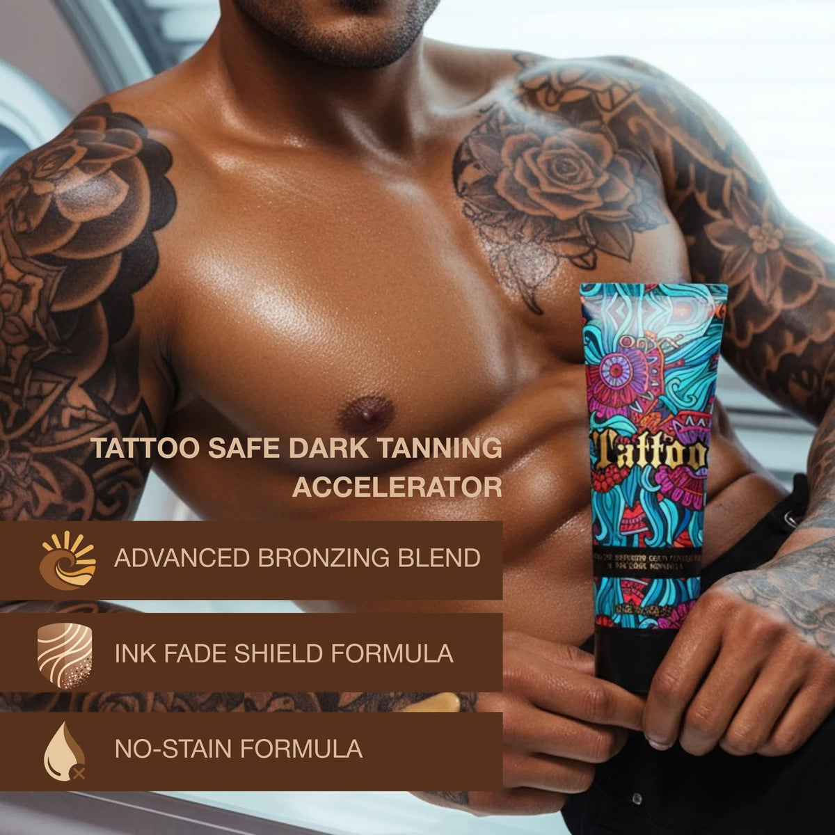 Tattooed man holding Onyx Tattoo tanning lotion with text about dark tanning accelerator and tattoo-safe formula