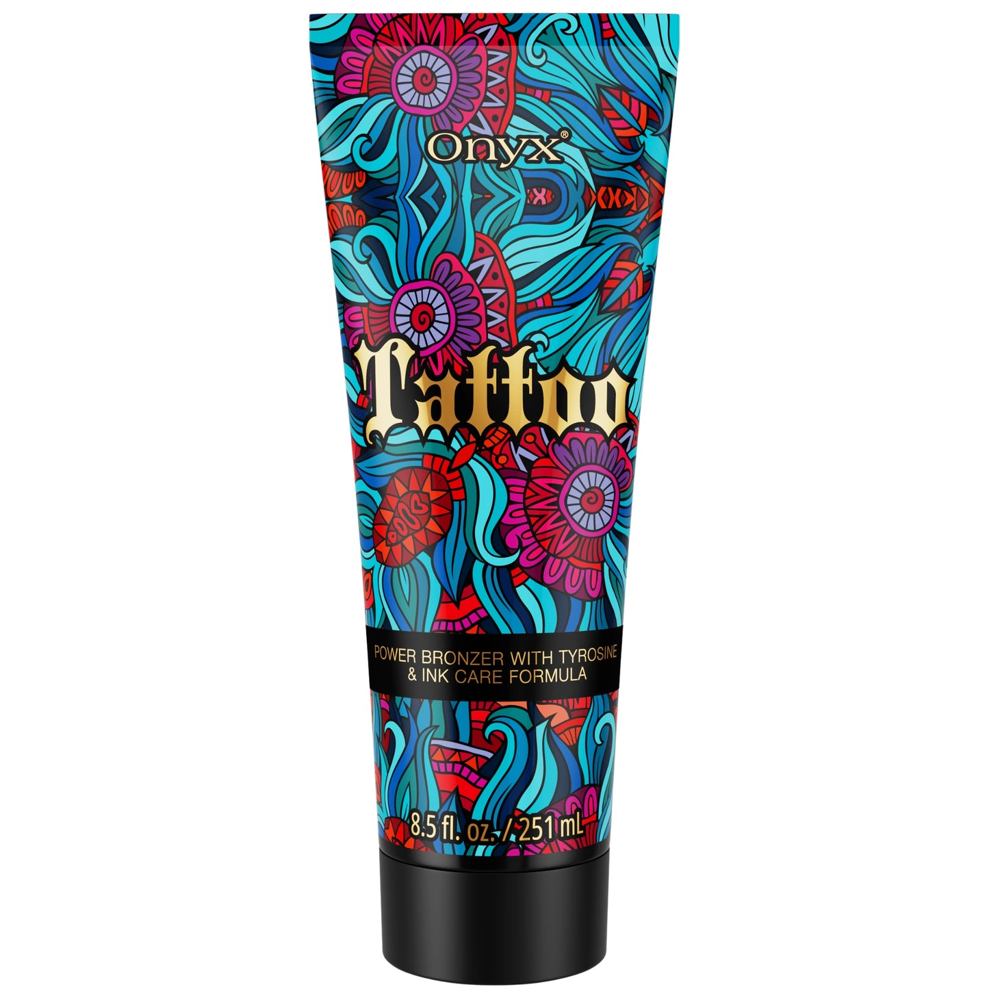 Onyx Tattoo Tanning Lotion with bronzing formula and ink care, designed to preserve tattoo vibrancy and enhance UV tanning.