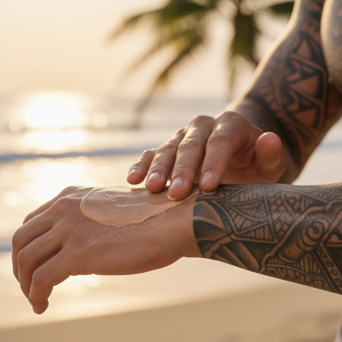 Close-up of tanning lotion being applied to a tattooed hand on the beach