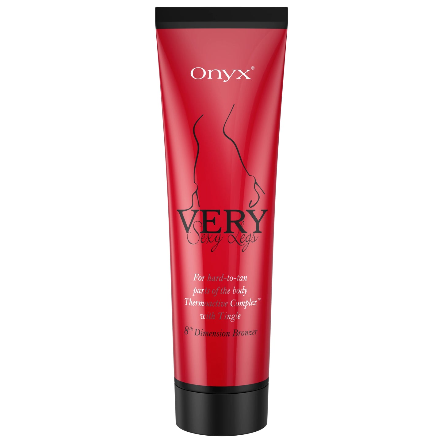 Onyx Very Sexy Legs Tingle Bronzer in bold red packaging, formulated for deep leg tanning.