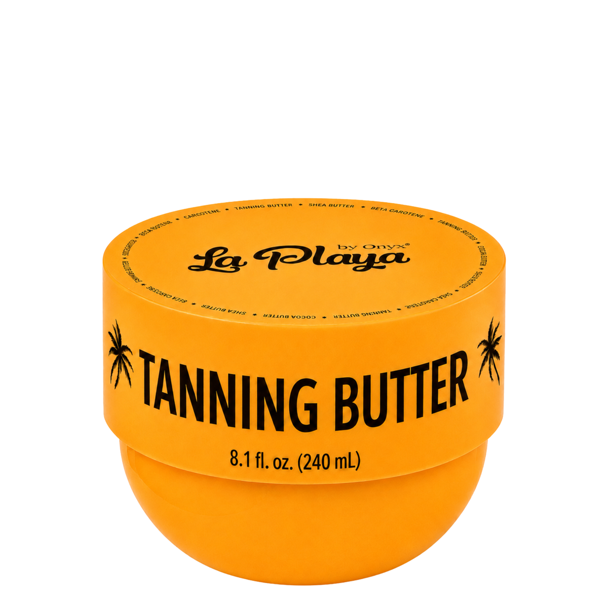 A bright orange jar of La Playa by Onyx Tanning Butter, 8.1 fl. oz. (240 mL), shown on a clean white background.