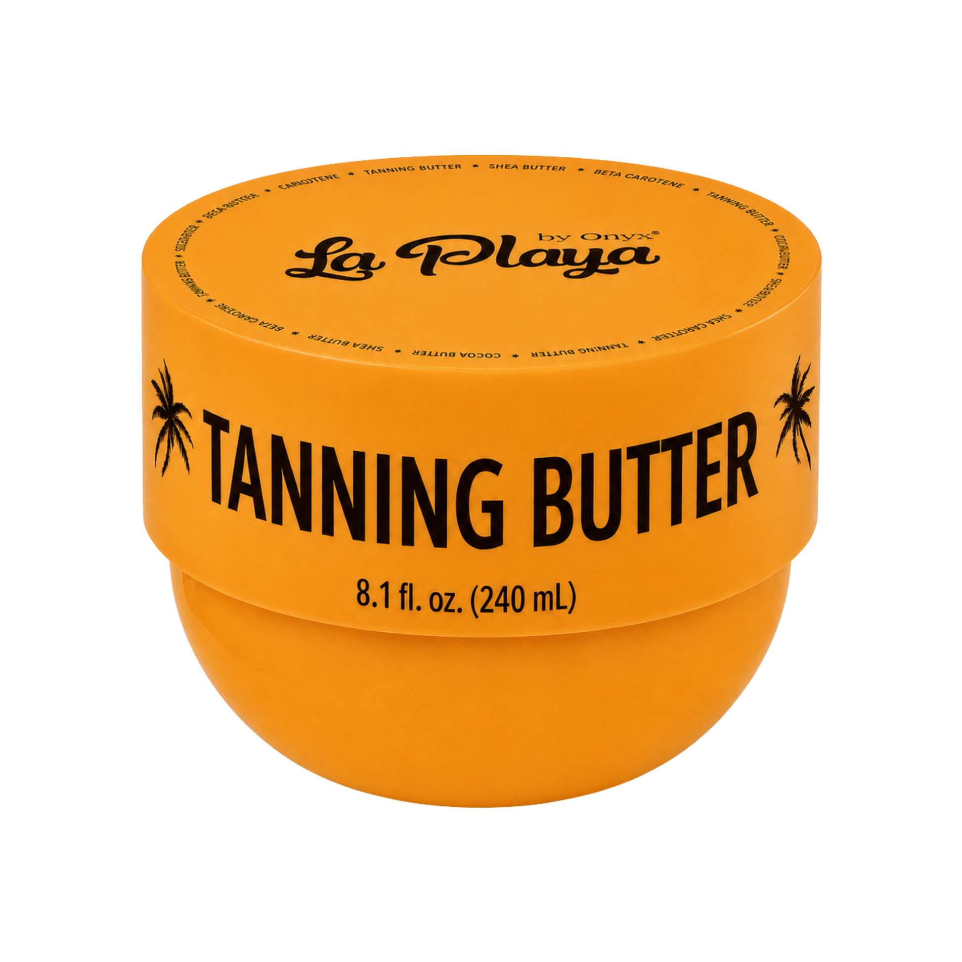 An orange jar of La Playa by Onyx Tanning Butter, 8.1 fl. oz. (240 mL), on a solid white background.