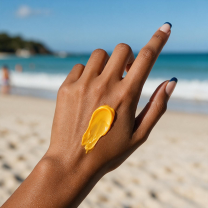 A close-up of a person's hand with a dollop of bright yellow tanning butter on the back, set against a blurred beach background with blue ocean and sky.