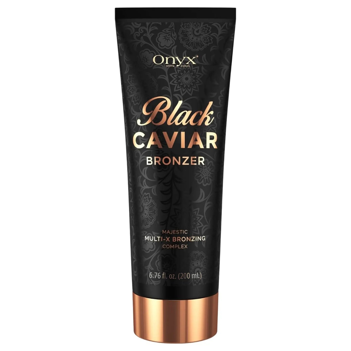 Onyx Black Caviar Tanning Lotion Bronzer in black 6.76 fl oz tube with Multi-X Bronzing Complex