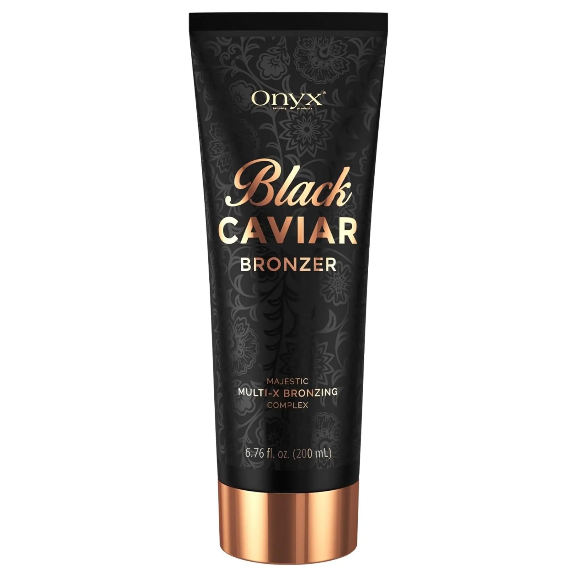 Onyx Black Caviar Tanning Lotion Bronzer in black 6.76 fl oz tube with Multi-X Bronzing Complex