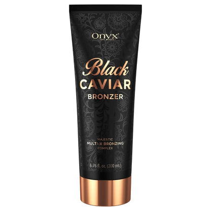 Onyx Black Caviar Tanning Lotion Bronzer in black 6.76 fl oz tube with Multi-X Bronzing Complex