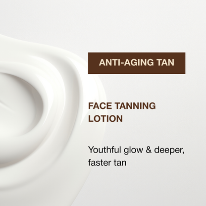 Model holding AntiAging Face Tanning Lotion featuring TanTouch Complex with tyrosine, DHA, and erythrulose.
