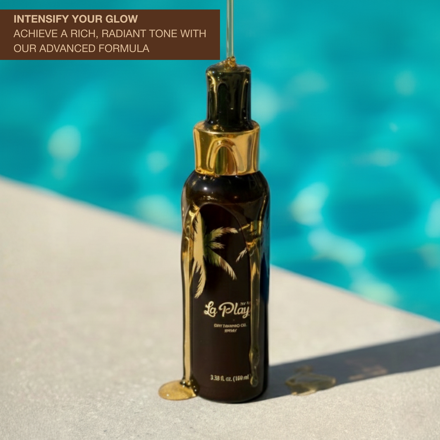 La Playa Dry Tanning Oil Spray bottle with golden oil dripping beside a pool, emphasizing advanced formula for a rich, radiant tan.