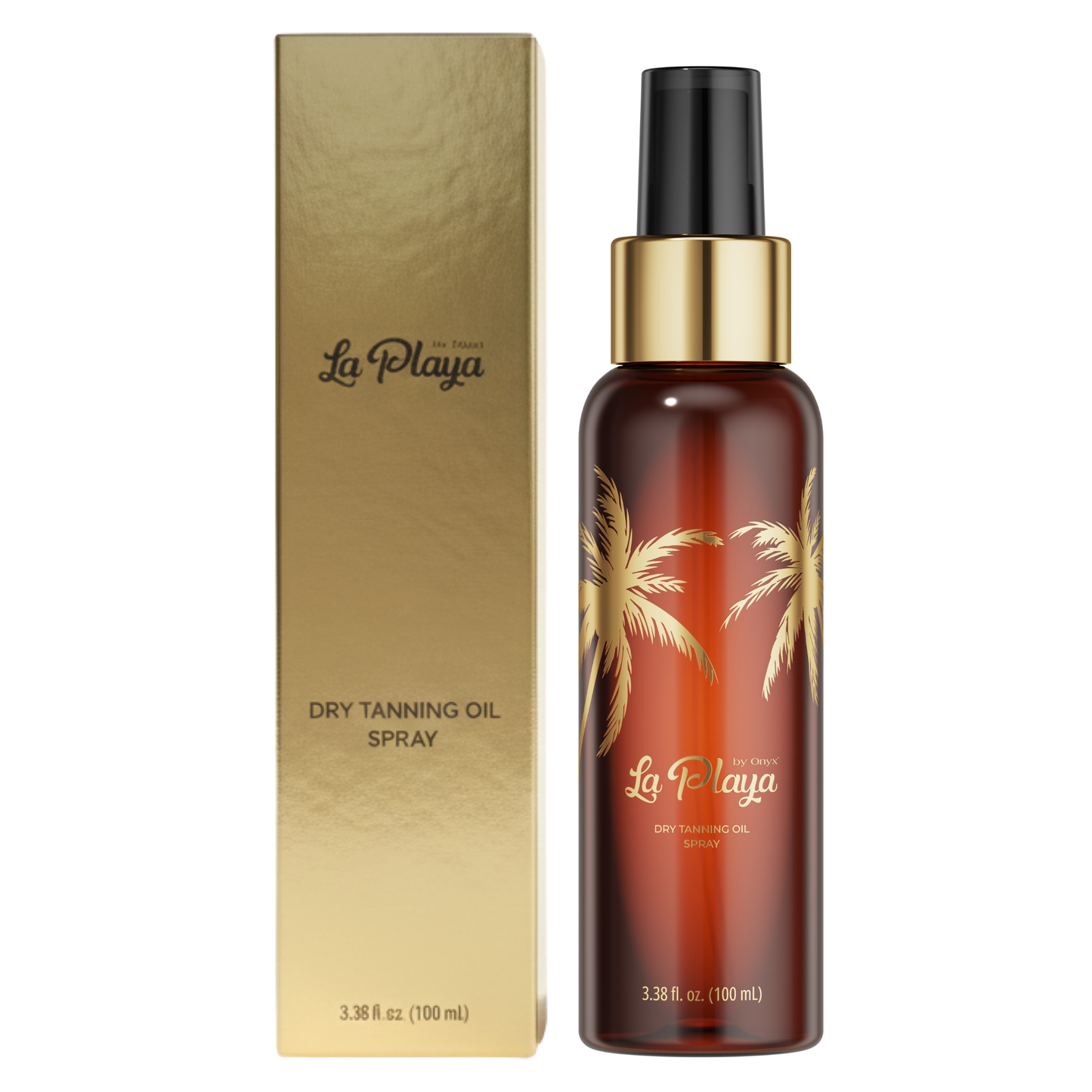 La Playa Dry Tanning Oil Spray bottle with gold box, premium dry tanning oil for a fast deep tan, 3.38 fl oz.