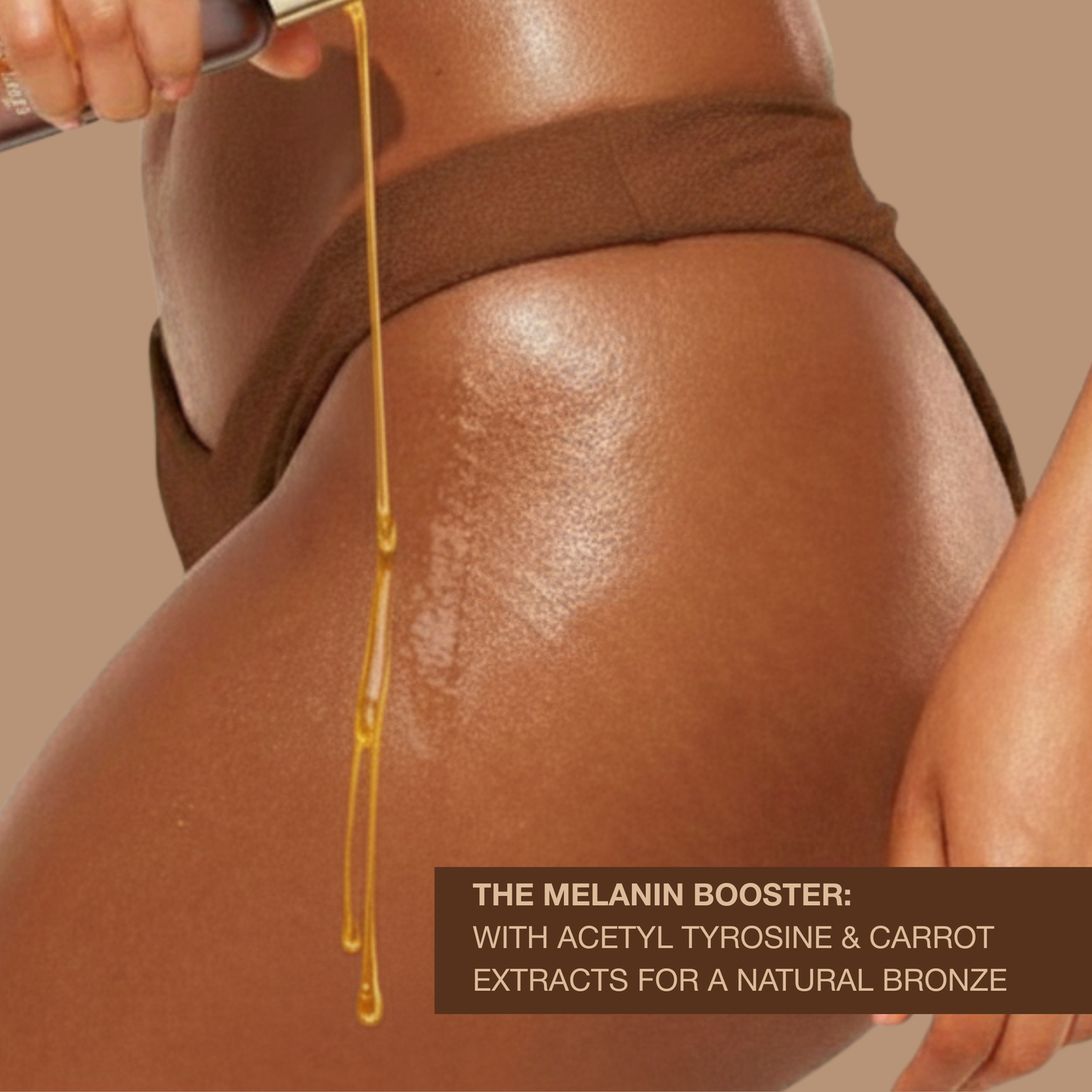 Close-up of golden oil dripping on tanned skin using La Playa Dry Tanning Oil Spray with acetyl tyrosine and carrot extract for melanin boosting.