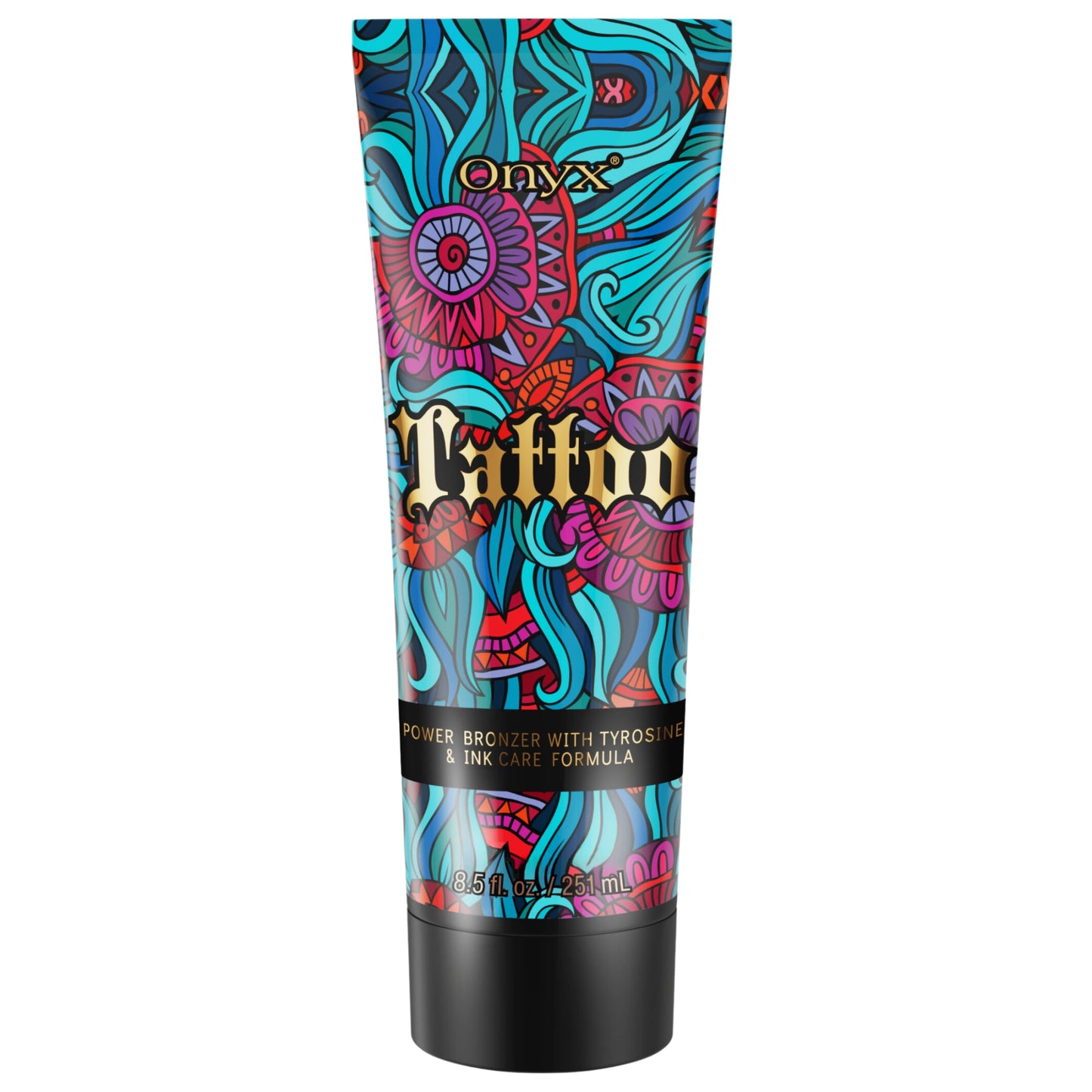 Onyx Tattoo Bronzer – Power bronzing lotion with tyrosine and ink care formula for a deep, lasting tan and tattoo protection.