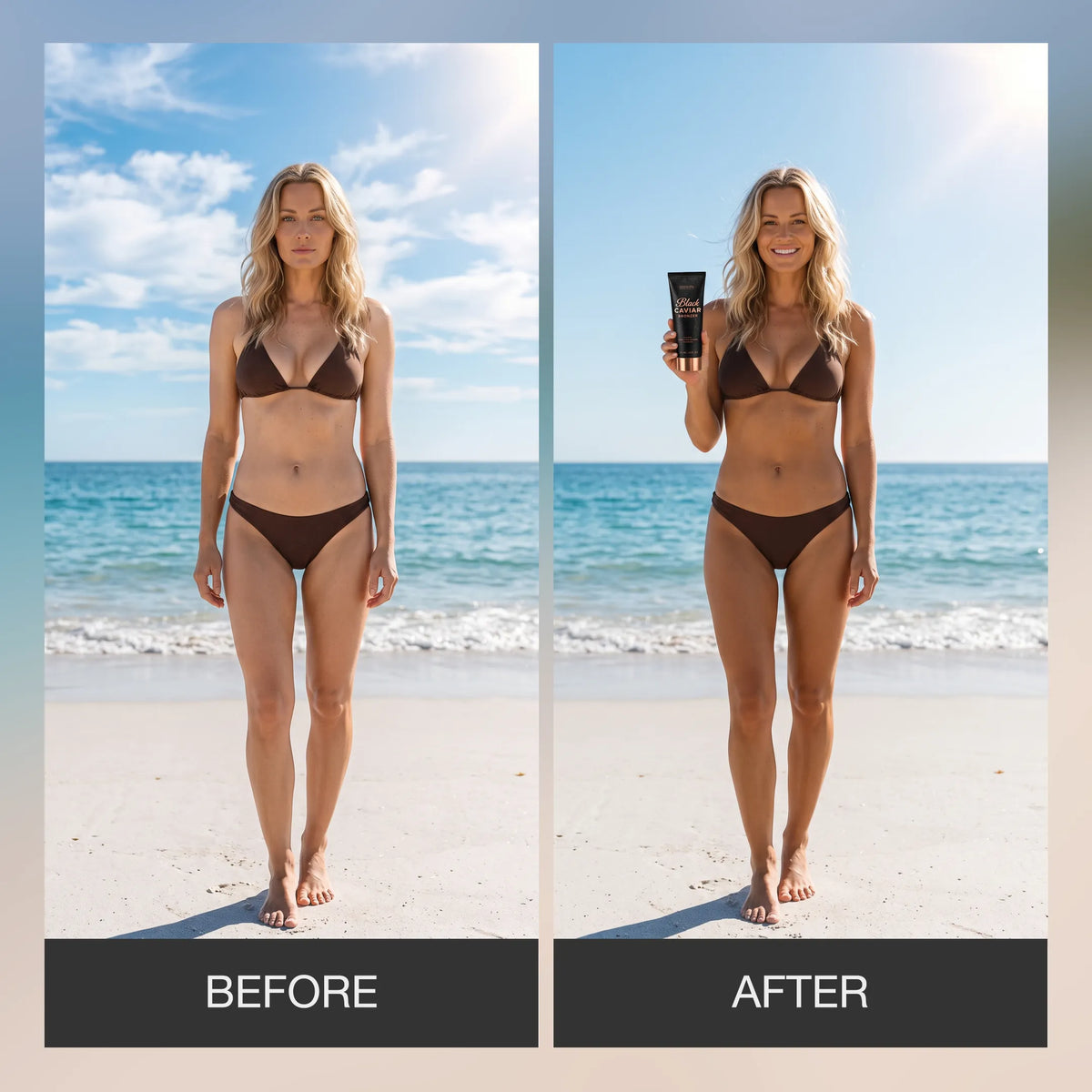 Before and after beach photos showing a woman with a deeper, darker tan after using Onyx Black Caviar bronzing lotion.