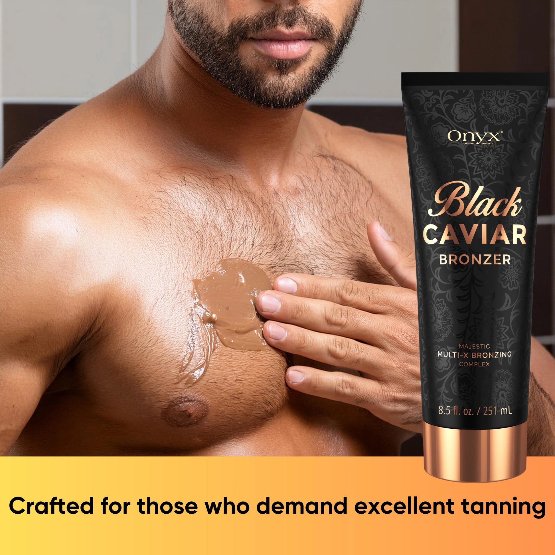 Onyx Black Caviar Bronzing Accelerator placed inside a high-tech tanning bed, emphasizing its effectiveness for indoor tanning sessions.