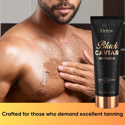 Onyx Black Caviar Bronzing Accelerator placed inside a high-tech tanning bed, emphasizing its effectiveness for indoor tanning sessions.