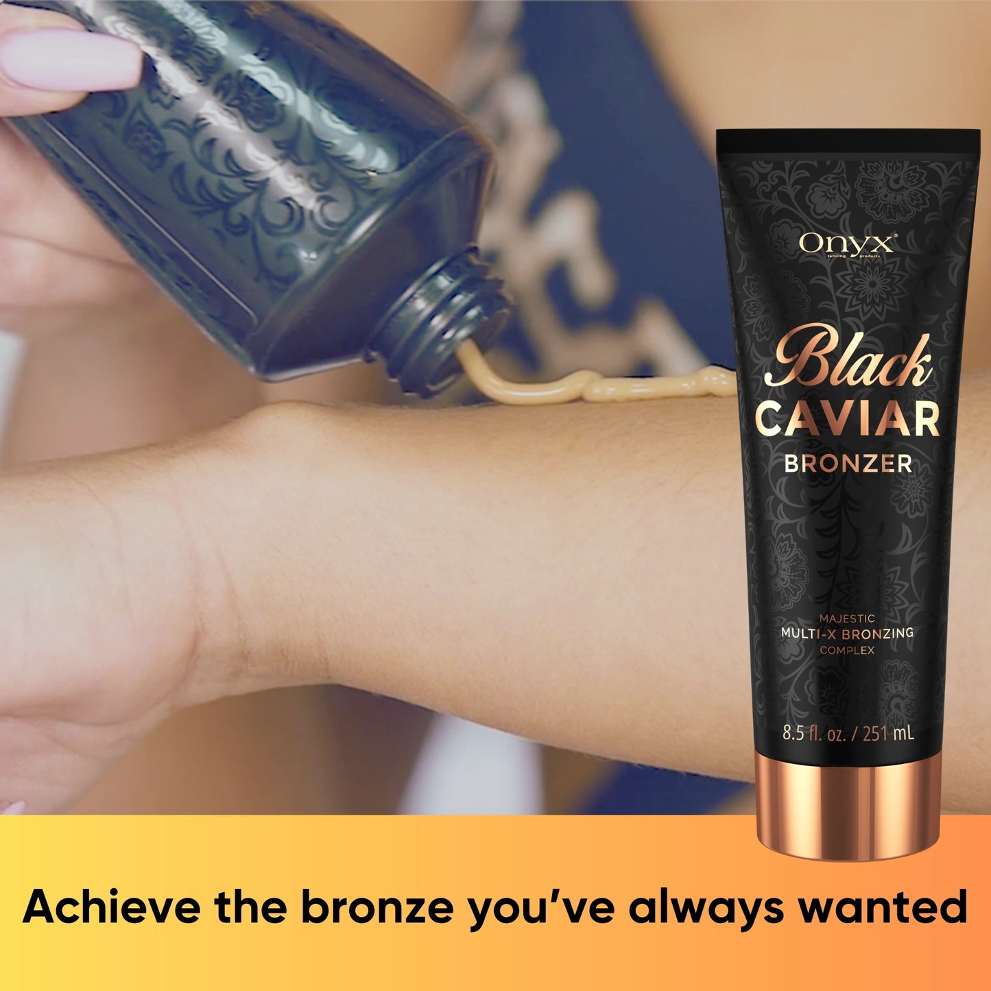Black Caviar Bronzer infused with walnut extract, coffee essence, avocado oil, and sunflower for enhanced tanning.