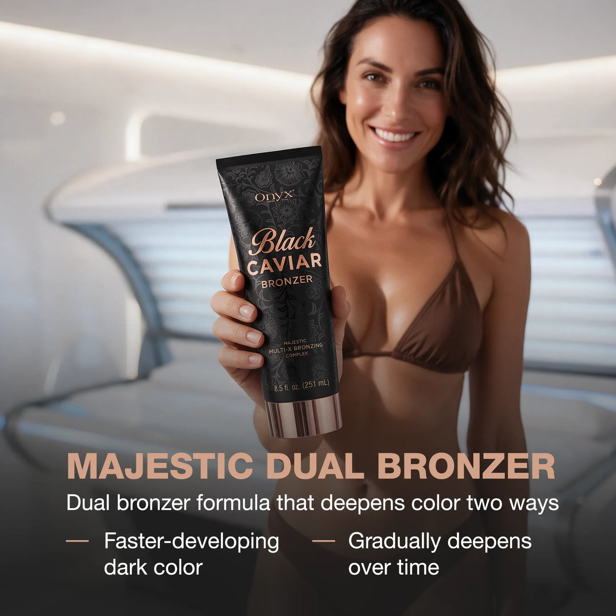 Woman holding Onyx Black Caviar Bronzer in a tanning salon, highlighting instant dark color and gradual tanning results.