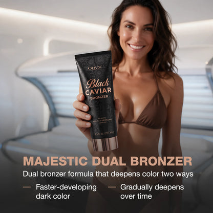 Woman holding Onyx Black Caviar Bronzer in a tanning salon, highlighting instant dark color and gradual tanning results.
