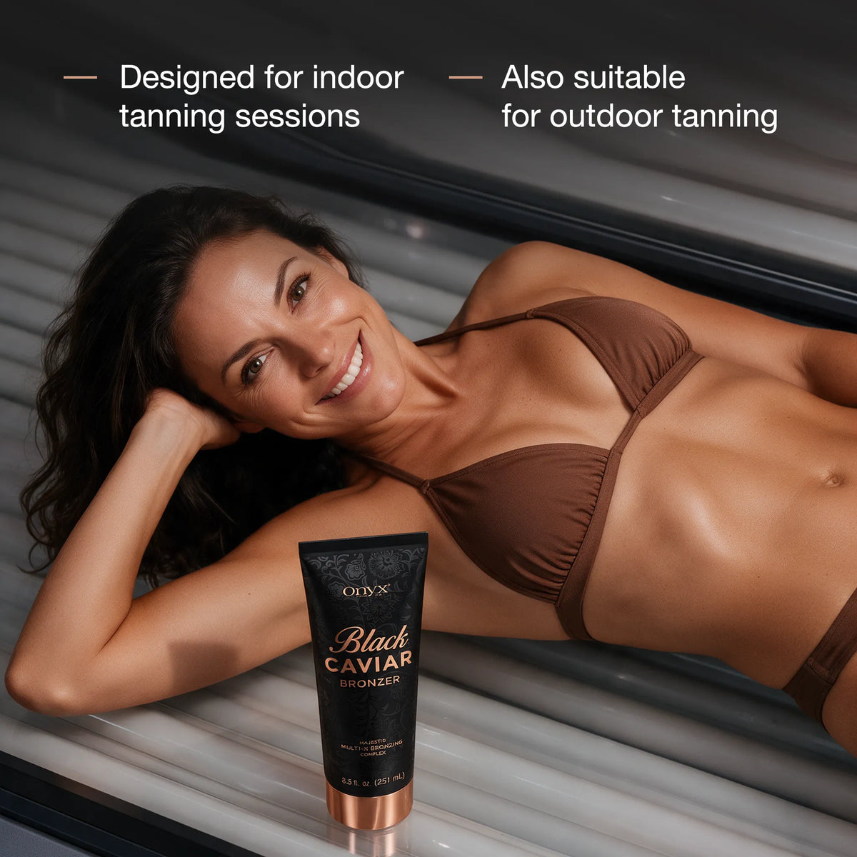 Woman relaxing on a tanning bed with Onyx Black Caviar Bronzer, designed for indoor tanning and outdoor sunbathing.